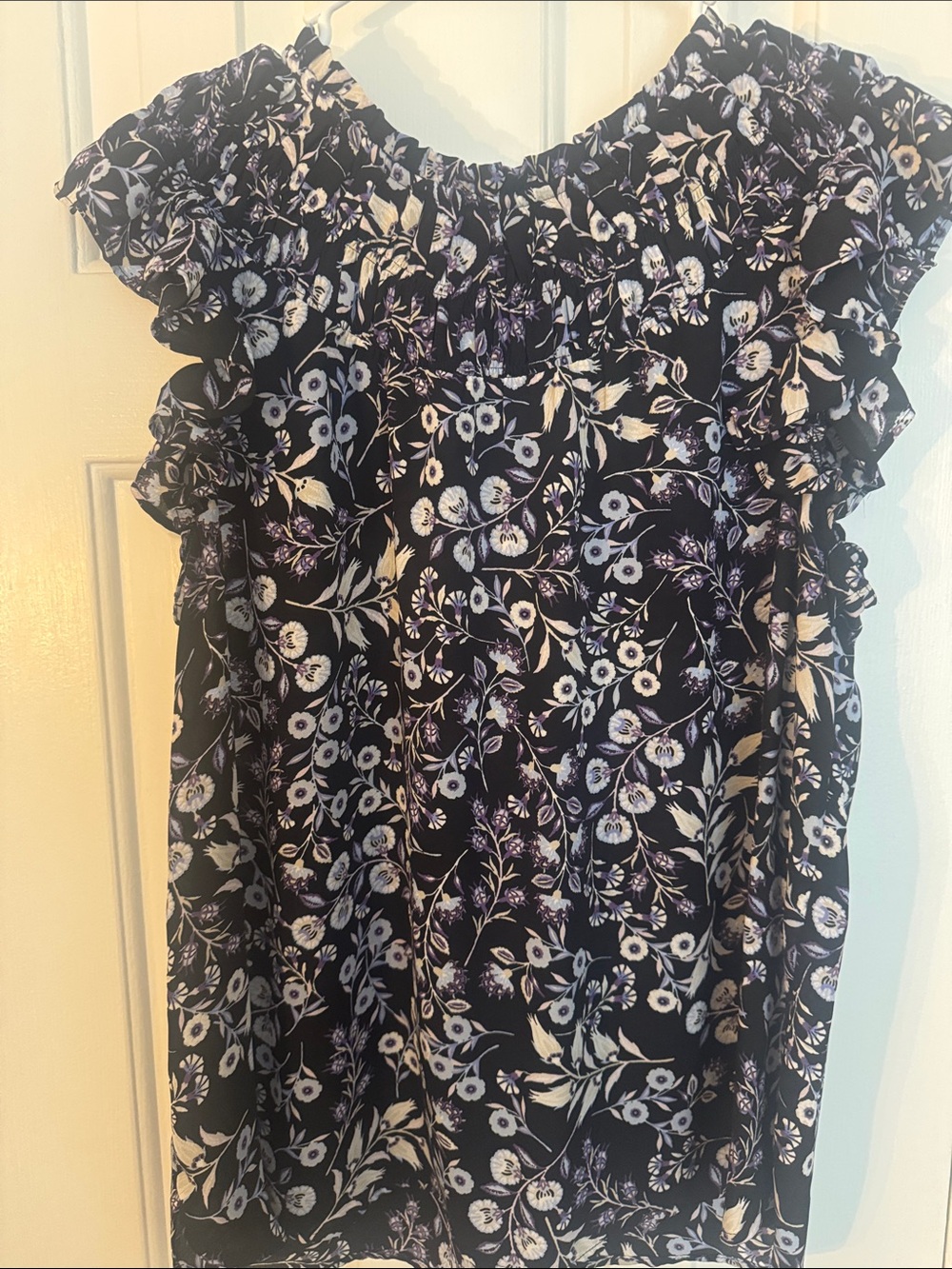 LOFT Navy Floral Ruffle Sleeve Blouse
